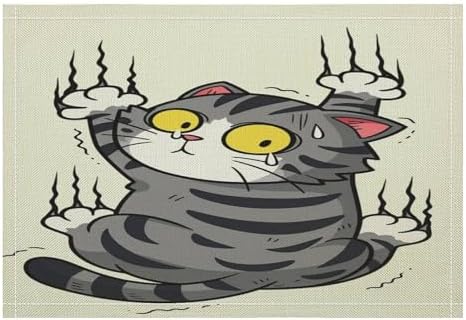 Cute Cat Stretching with Claws Out Linen Placemats Set of 2PCS, Heat Resistant Non-Slip Washable Table Placemats for Dining Everyday Use Hotel Banquet Home Decor