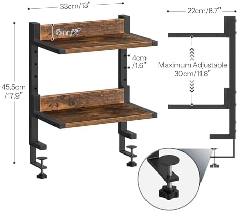 HOOBRO Clamp On Desk Shelf, 2-Tier Desktop Organizer, Space-Saving Desk Shelf with Adjustable Shelves, for Office, Study, Entertainment Accessories, Rustic Brown and Black BF32SJ01