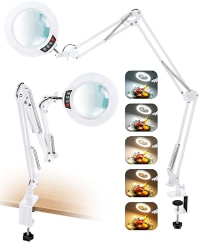 12X Magnifying Glass with Light and Clamp, Extra Long 3 Swing Arm, White