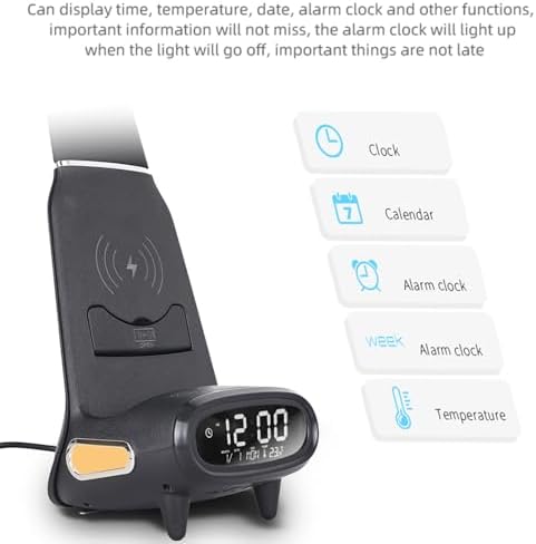 IHAO Multi Functional Smart Eye-Care Desk Lamp Wireless Charger & Digital Alarm Clock Gesture Control Adjustable Light 15W Fast Charging Hidden Phone Stand, Date Timer Display Wake-Up Light-TX79 Black