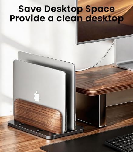 LOXP Vertical Laptop Stand, Dual Slot Wooden + Aluminum Laptop Holder