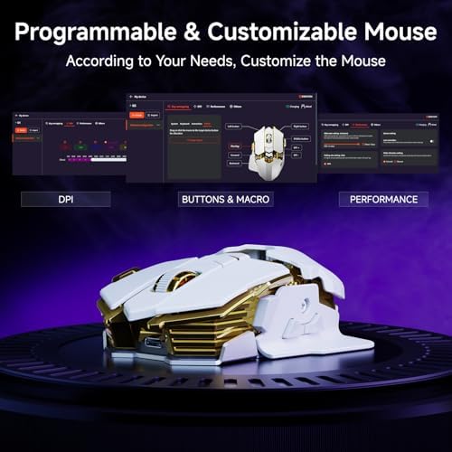 EWEADN G5 Tri-Mode Wireless Gaming Mouse, 12800 DPI Programmable Ergonomic Mouse with Metal Base for Stability, 500mAh Rechargeable, 8 Macro Buttons, Rapid Fire Key, RGB Backlit for FPS PC Mac- White