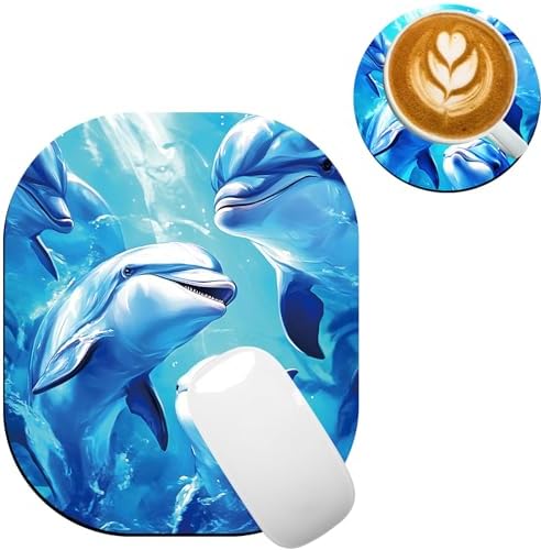 Small Mouse Pad，Mini Mouse Pad 6 x 7 Inch，for Laptop Keyboard Tray Wireless Mouse Home Office Travel，with Non-Slip Rubber Base, Waterproof Mouse Mat，Blue Dolphins Underwater