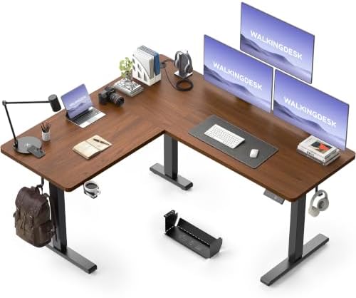 WALKINGDESK 63X55 Inches Reversible L Shaped Standing Desk Height Adjustable with Cup Holder, Electric Corner Computer Desk, Sit Stand up Home Office Desk, Ergonomic Gaming Desk, Black Walnut