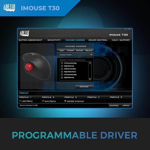 Adesso iMouse T30 Wireless Ergonomic Thumb Trackball Mouse, Black