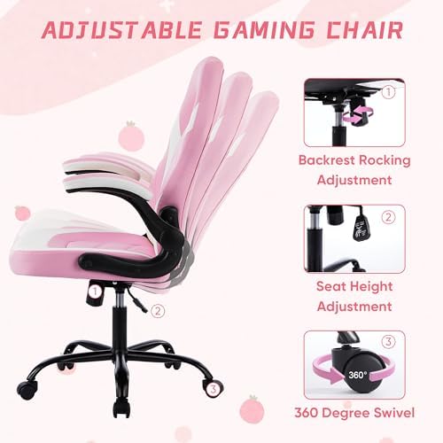 NEWBULIG Gaming Office Computer Chair – Ergonomic Mid-Back with Flip-Up Armrests, Adjustable Height, Lumbar Support & 360° Silent Swivel Wheels, PU Leather for Home/Office, Pink