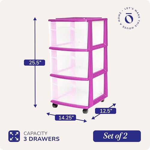 HOMZ Drawer Tower, 3-Tier Storage Cart w/Removable Wheels, Purple, 2 Pack