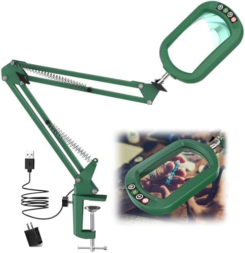 IVMAIE 12X Rectangle Magnifying Glass with Light, 5 Color Modes Stepless Dimmable Magnifier with Stand, LED Lighted Clamp Desk Lamp with Swing Arm, Hands Free for Reading Painting Close Work - Green