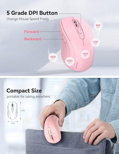 TECKNET Wireless Mouse for Laptop,4800 DPI,Silent Mouse with 6 Buttons Pink