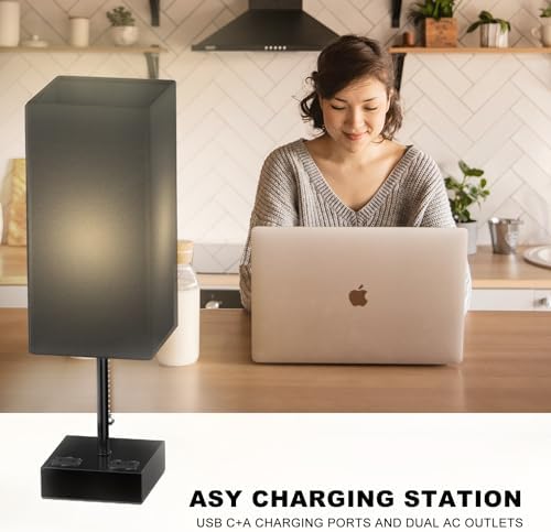 YIDPU Table Lamp for Bedroom with USB,Bedside Lamp with USB C+A Charging Ports,Adjustable 3color LED Light for Home Decor/Nightstand/Office,Included Bulb and Fabric Lamp Shade (Linen Black, 1PCS)
