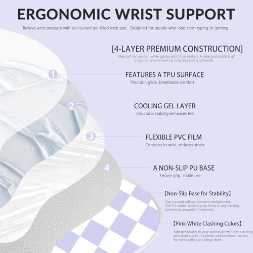 Gel Mouse Pad with Wrist Rest for Mouse Ergonomic Mouse Wrist Rest Non-Slip Silicone Checkered Mousepad with Wrist Support for Computer Desk Gaming Laptop Home Office Desk Accessories Purple Plaid