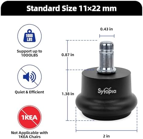 Sytopia Office Chair Bell Glides Replacement, Fixed Feet Wheel Stopper for Swivel Chairs and Stools, 7/16" x 7/8" Stem, Separate Self-Adhesive Felt Pads, Non-Slip Base, Quiet & Easy Install, 5 Pack