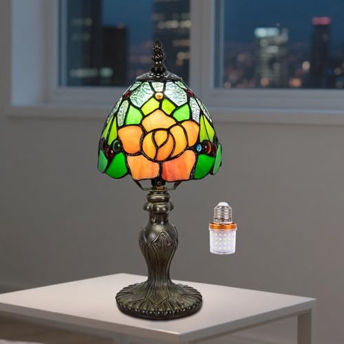Small Tiffany Table Lamp, 3 Color-Temperature Roses Stained Glass Lamp,6 Inch Tiffany Style Lamp for Bedroom Living Room Home, Handcrafted Light, Included Bulb (Yellow)