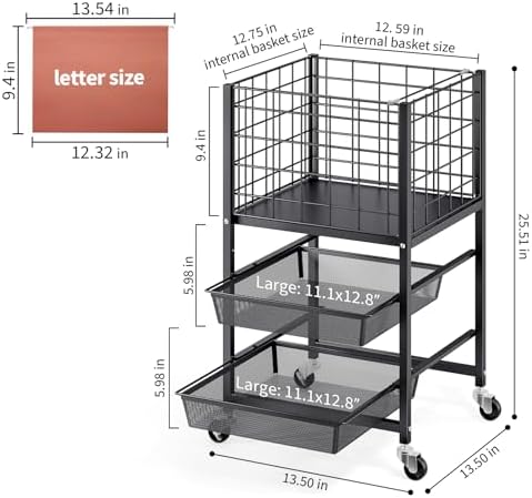 TOOLF Rolling File Cart, 3-Tier Metal File Cabinet with Wheel, Filing Cabinet with 2 Sliding File Trays, Adjustable Hanging File Folder Organizer for Office, Home, Classroom Black