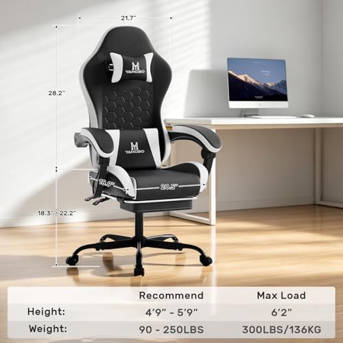 Gaming Chair, Computer Office Chair with Footrest, Adjustable Height & Backrest Gaming Chairs with Swivel for Adults, High Back PU Leather Ergonomic Chair with Lumbar Support, Blackwhite