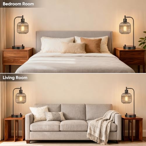 Grey Glass Table Lamps Set of 2, Dimmable Bedside Lamps for Living Room