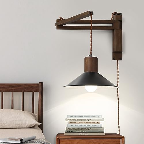 maesta Plug in Wall Lamp, Wood Swing Arm Wall Sconce for Bedroom