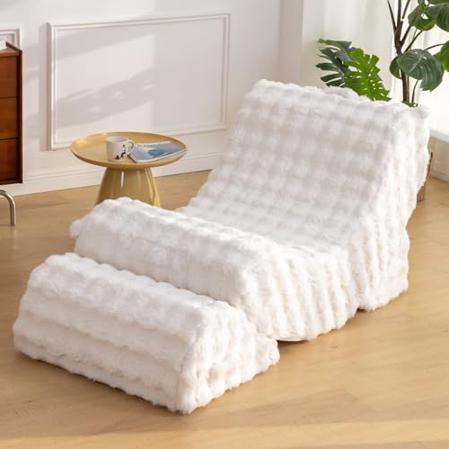 3-in-1 Adjustable Zero Gravity Floor Chair, Oversized Faux Fur Boneless Chair for Adults with Memory Foam & Washable Cover, Silent Rocker Recliner Lounge Chair for Reading, Nursing, Gaming, WhiteGrid
