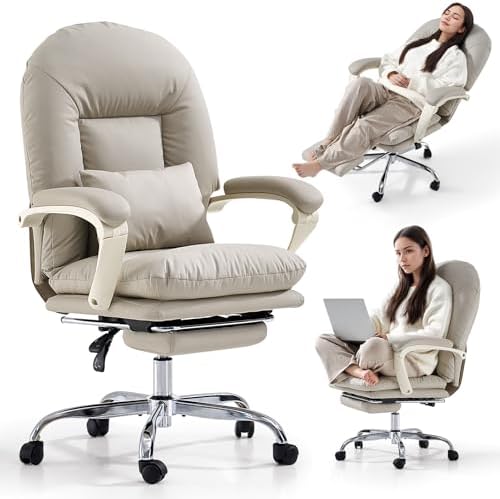 EMIAH Office Chair with Foot Rest Criss Cross Chair, Genuine Leather, Beige