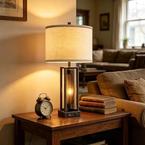 Rustic Farmhouse Table Lamps for Living Room with USB C+A Ports