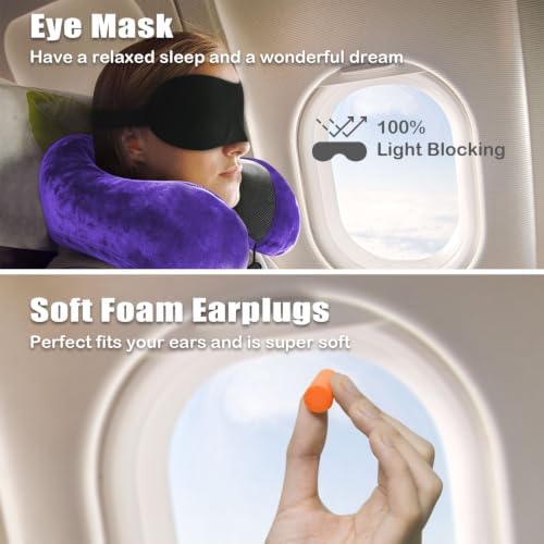 Travel Pillow, Memory Foam Neck Pillow for Traveling, U Shape Neck Pillow Airplane Portable Flight Pillow Travel Kit with 5D Contoured Eye Masks and Earplug for Plane Train Car Home Office