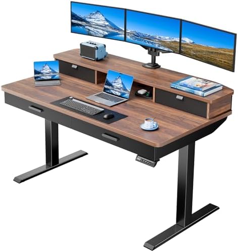 HUANUO 55 x 30 inch Electric Standing Desk with 4 Drawers, Walnut