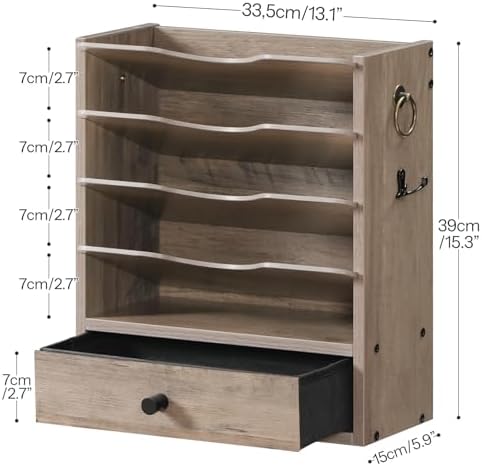 HOOBRO Wall File Organizer, Mail Organizer Wall Mounted, Wooden Mail Sorter, Construction Paper Holder with Drawer Storage and 2 Hooks, for Office, Classroom, Home, Greige BG14WF01