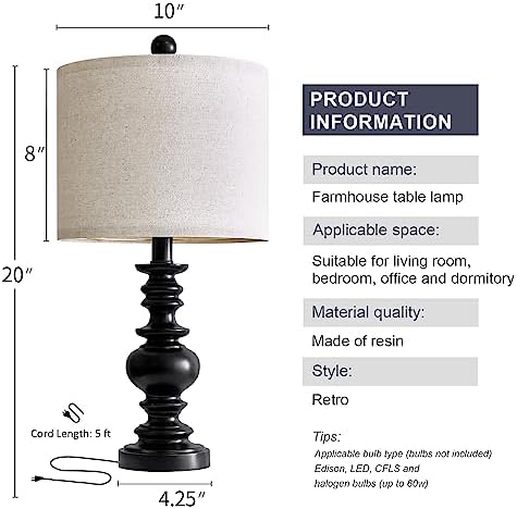 BOBOMOMO 20" Table Lamp Set of 2 for Bedroom Living Room Vintage Rustic Traditional Nightstand Bedside Lamps（Suitable for Decorating Small Areas）