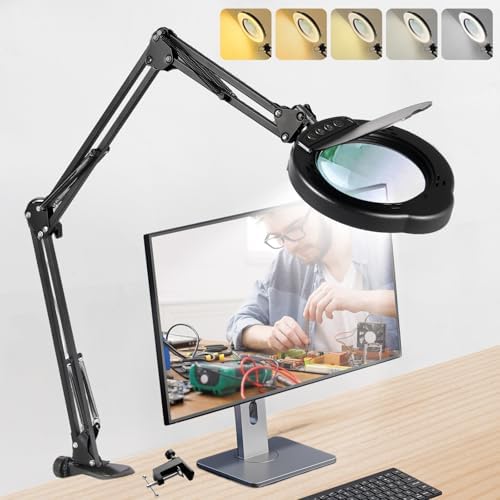 12XMagnifying Glass with Light and Stand|Magnifying Lamp with 3-Section Swing Arm,5 Color Modes LED Lighted Magnifier Lamp for Workbench (Black Ultra Long)