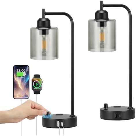 Industrial Desk Lamps for Office Set of 2 - Fully Dimmable Bedside Lamps with USB A C Ports and Outlet, Black Nightstand Lamps with Grey Glass Shade for Living Room, Table Lamps for Bedrooms Reading