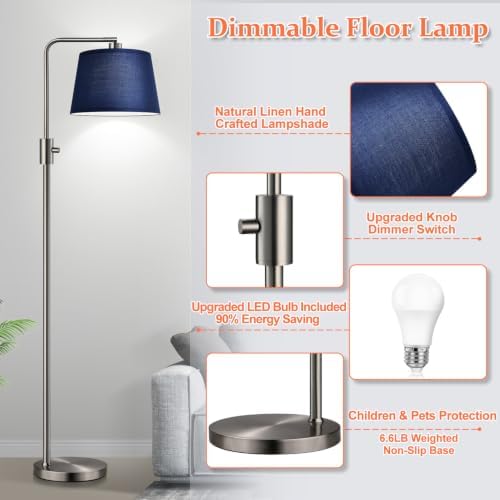 Nintiue Dimmable Floor Lamp, 1000 Lumens LED Edison Bulb Included, Brushed Nickel Arc Standing Tall Floor Lamp with Blue Shade for Living Room Bedroom Office Dining Room