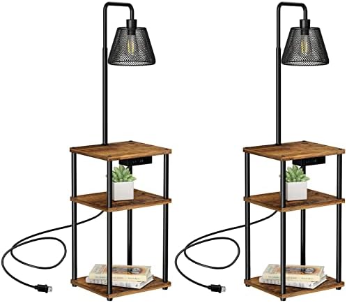 Floor Lamp with Table, Side Table with USB Charging Port and Outlet, Modern Bedside Nightstand End Table with Floor Light for Living Room, Bedroom, Guest Room, Bulb Included, 2 Pack