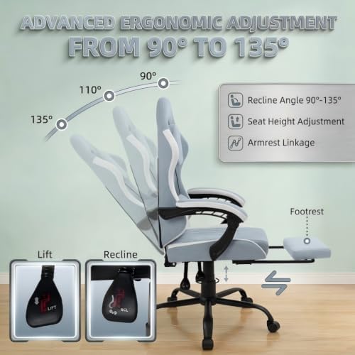 Video Gaming Chair, Ergonomic Office Chair with Footrest, Lumbar Support and Linkage Armrests, Swive Home Video Game Chairs for Adults, Blue