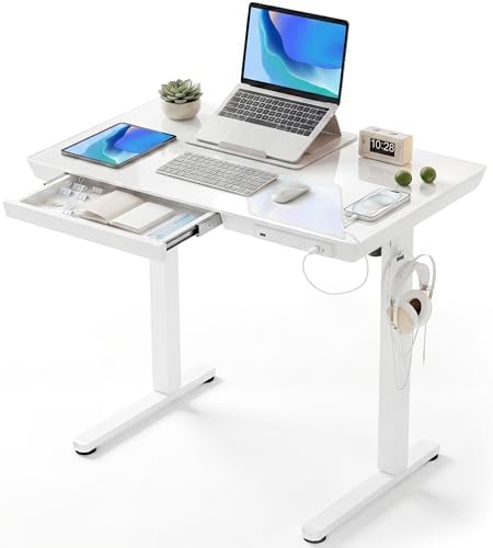 Claiks Small Glass Standing Desk with Drawers & USB Ports 35x19 White