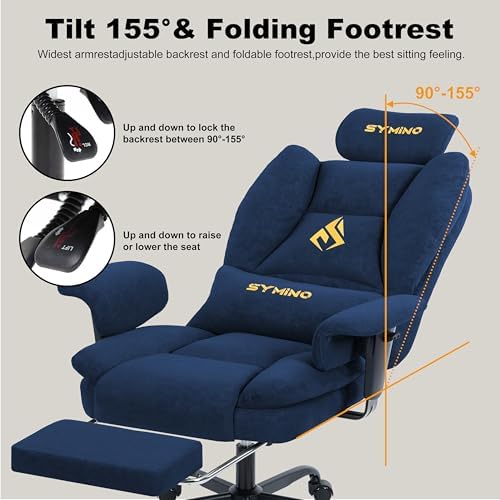 Symino Gaming Chair with Foot Rest, Unique Up/Down Armrests, PU Leather Ergonomic High Back Chair, 155° Recline Solid Color Computer Desk Chair, Blue