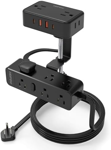 HOPOW Dual Layer Desk Clamp Power Strip, 13 Outlets 4 USB, 10FT Cord, Black