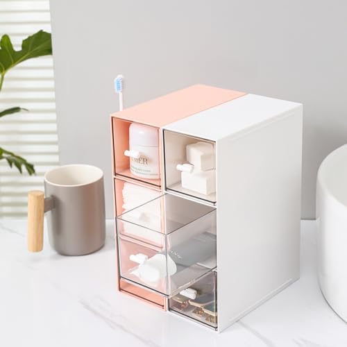 MILULUGO Plastic 3 Drawer Organizer for Cosmetic Storage, Desk Organizer, Makeup Organizer for nail polish, Lipstick, Brushes, Jewelry, Skincare, Bathroom Organization Boxes - Pink