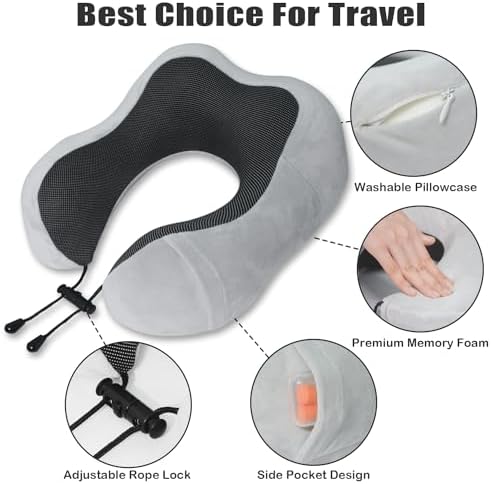 Travel Pillow, Memory Foam Neck Pillow for Traveling, U Shape Neck Pillow Airplane Portable Flight Pillow Travel Kit with 5D Contoured Eye Masks and Earplug for Plane Train Car Home Office
