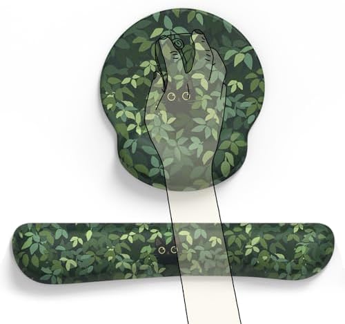 Cute Ergonomic Green Mouse Pad Cat Wrist Support,[ 20% Larger] Wrist Rest Gel Anime Kawaii 3D Green Office Plants Mouse Pads, Keyboards Silicon Wrist Pad,Pain Relief,Game Work Study Home Office.