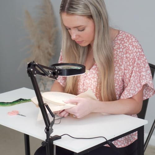 YOCTOSUN 10X Magnifying Glass Lamp with 6 Color Modes Stepless Dimmable, 96 LEDs and 5" Real Glass Lens, Adjustable Swivel Arm Desk Magnifier with Light and Stand for Crafts Hobby Close Work