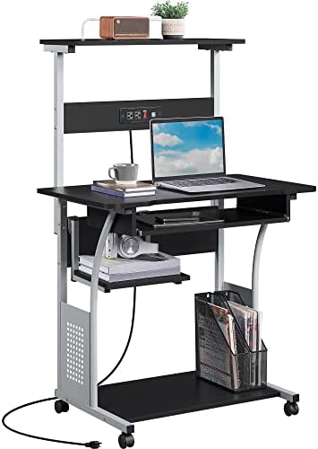 Yaheetech Small 3-Tier Rolling Computer Desk, Power Outlet, Black