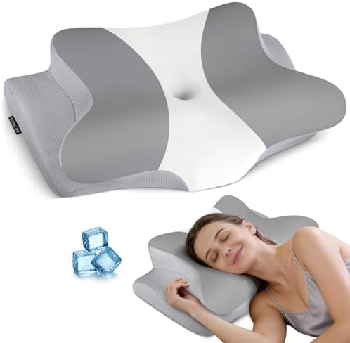 Cervical Pillow for Neck Pain Relief, Ergonomic Neck Pillow for Sleeping, Contour Side Sleeper Pillow for Neck Support, Orthopedic Cooling Memory Foam Pillows for Back Stomach Sleepers (Grey& White)