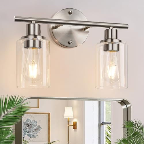 Zarbitta 2-Light Bathroom Light Fixtures, Brushed Nickel Vanity Light, Modern Vanity Lights with Clear Glass Shade, Bathroom Wall Lamp for Mirror Kitchen Living Room Hallway Cabinet Porch