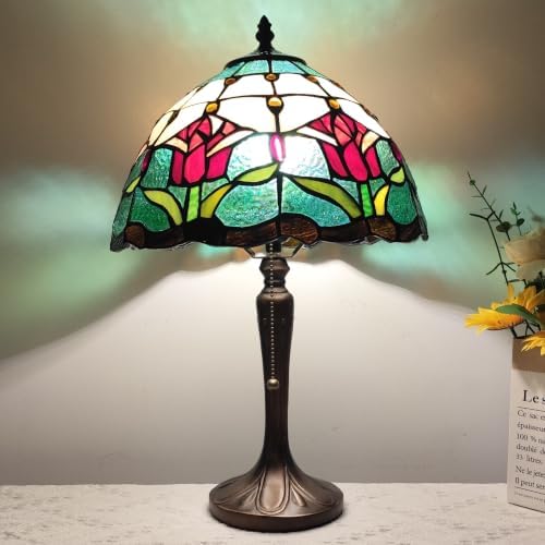 Tiffany Table Lamp Red Baroque Style Stained Glass Lamp 12X12X18 Inch Antique Lamp for Office Home Bedroom Living Include 3-Color LED Bulb