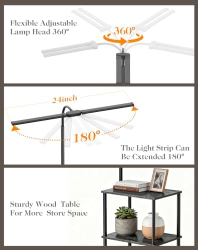LED Floor Lamp with Table, 18W Bright Reading Floor Lamp for Office, Narrow Side Table with Dual Head Goose-Neck, Adjustable Brightness & Color Temp, End Table with Storage Shelves-Black