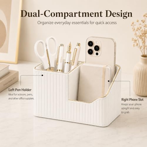 KINGFOM Luxury PU Leather Desk Organizer for Office Accessories, Aesthetic Pen Holder for Desk, Modern Desktop Storage Organizer for Home Office Supplies Cream White with Gold Trim