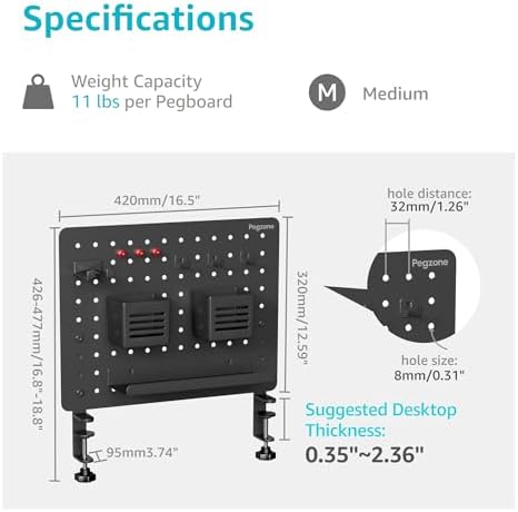 PEGZONE Clamp on Desk Pegboard, 16.5" x 12.6", with 10 Accessories, Black