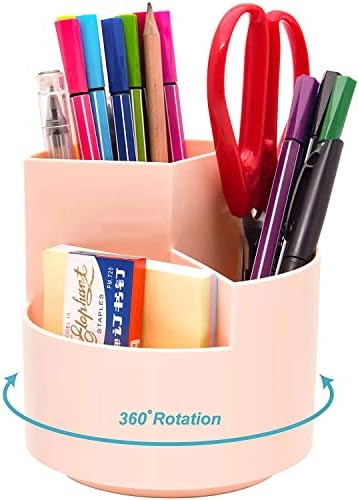 Siveit Desk Pencil Pen Holder, Desk Organizers 3 Slots 360-Degree Rotating Pen Holder for Desktop Storage Stationery Supplies Organizer, Home, Office, School, Kids, Peach Pink
