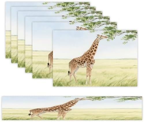 Linen Place Mats And Table Runner Set of 7 Heat Resistant Non-Slip Table Mats Boho Farmhouse Washable Giraffe Stretching Its Neck to Eat Leaves Placemats for Kitchen Dining Party Holiday Wedding Table