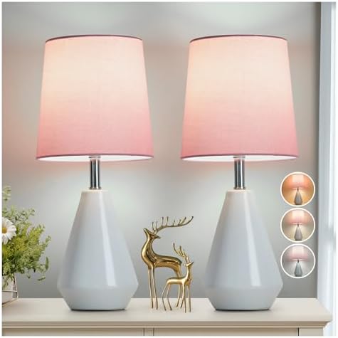 Small Bedside Table Lamp for Bedroom-Reading Desk Lamp Set of 2,with 3 Color Temperatures,15.5" Nightstand Ceramic Lamp with Fabric Shade for Kids Room,Living Room,Dorm,Home Office